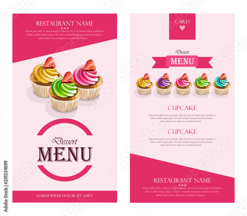 Dessert Menu Cupcakes Vector realistic. banner frame layout template 3d illustrations