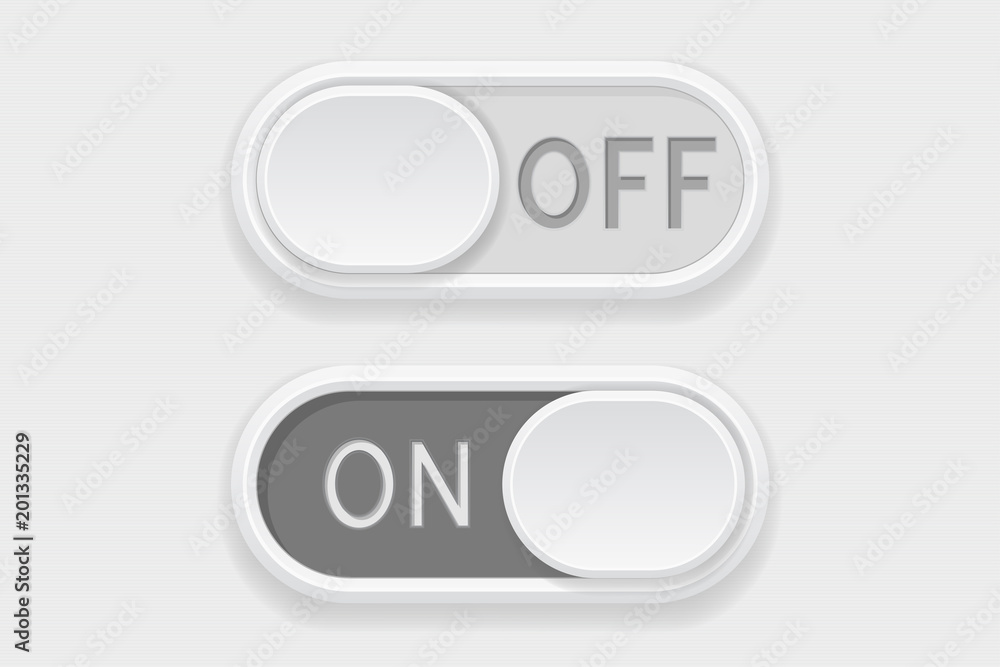 Toggle switch buttons. On and Off gray buttons Toggle switch buttons. On and Off gray buttons