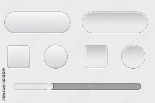 Set of white plastic buttons. Normal and pushed. With slider bar. Web interface buttons