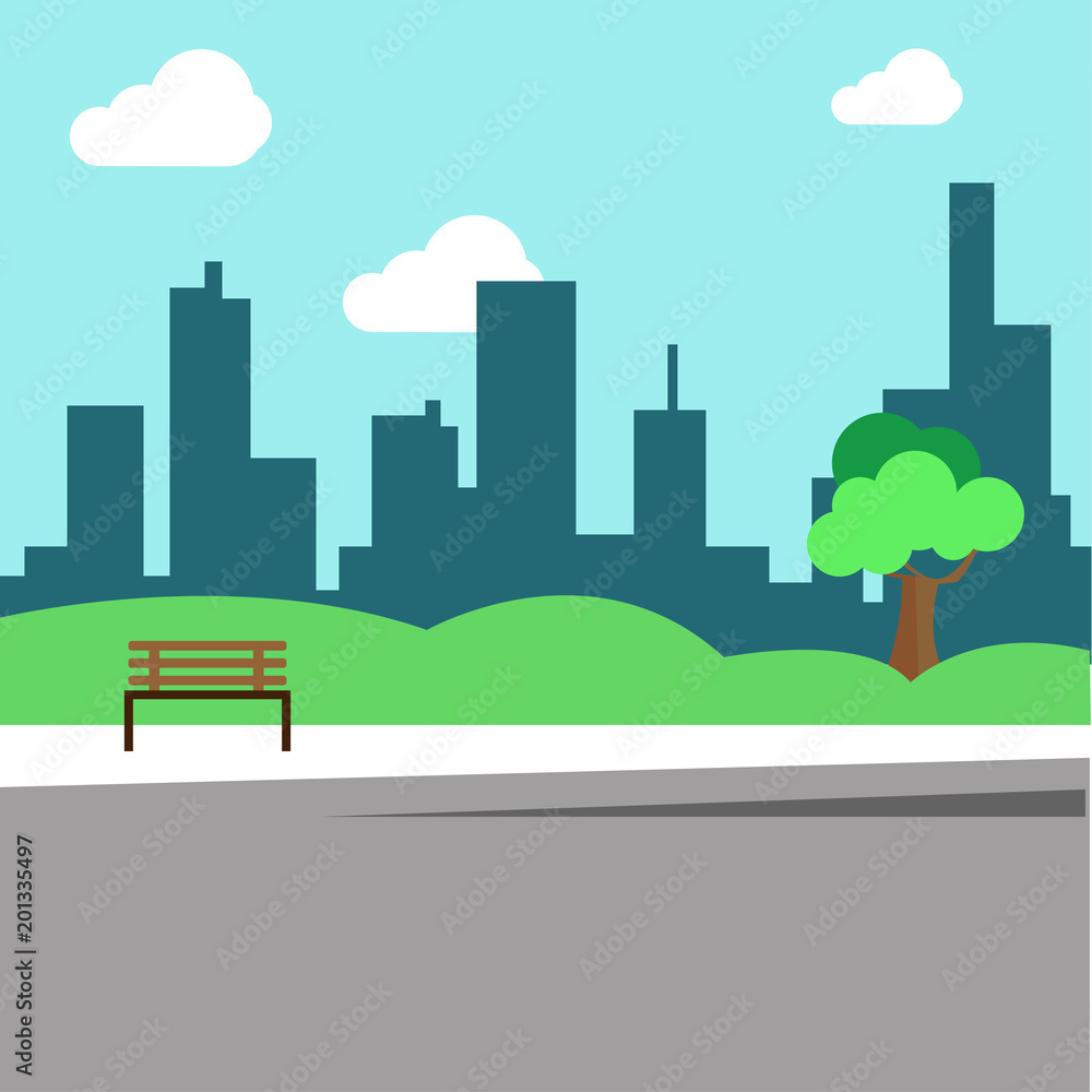 City park, lawn and trees. Vector illustration of an isolated flat style. Green park area. Against the background of the city with skyscrapers and large buildings