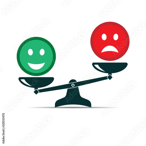 Smile emoticons different mood on scales, vector icon. Positive attitude as advantage. Happiness versus sadness.
