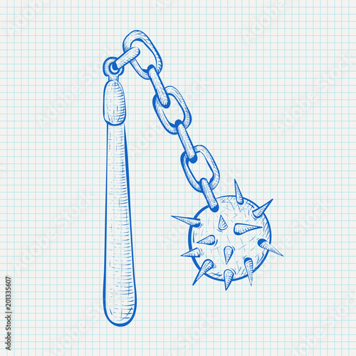 Flail. Medieval weapon - spiked metal ball with chain. Blue hand drawn sketch on lined paper background