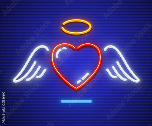 Love heart with winglets and gold nimbus. Neon icon. Sign