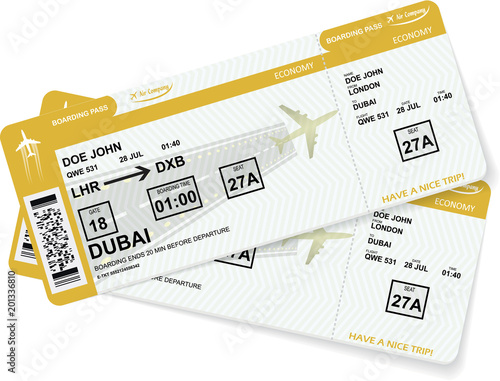 Airline boarding pass tickets to plane for travel or journey. Vector illustration