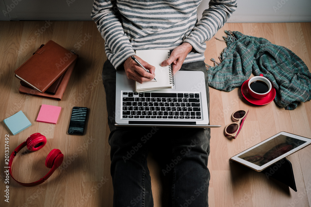 Fototapeta premium Hipster man hands holding notebook