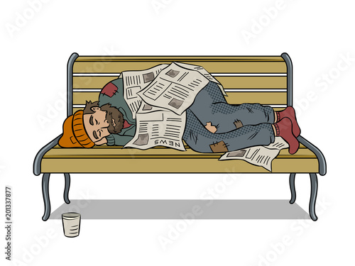 Homeless man on bench pop art vector