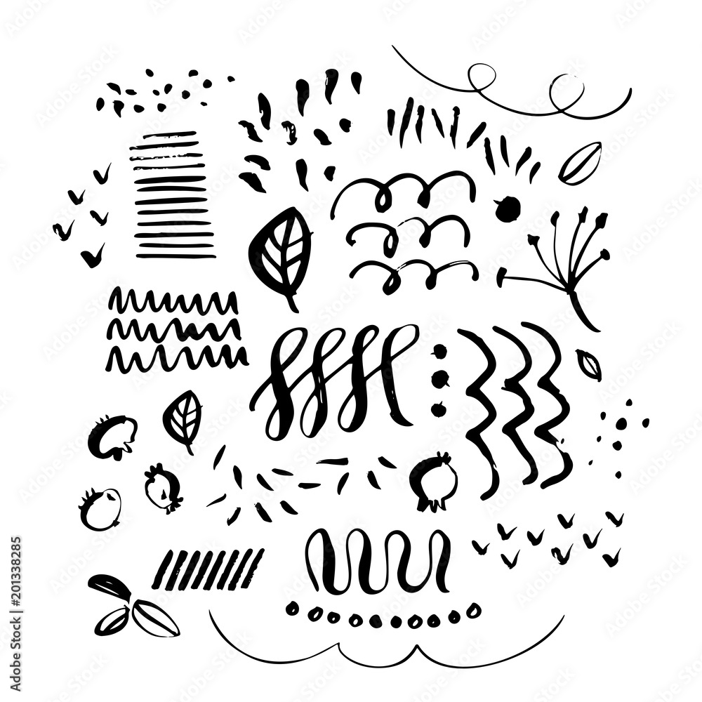 Obraz premium Hand drawn paint grunge elements. Hand sketched design ink shapes isolated on white background. Doodle vector decorative illustration.