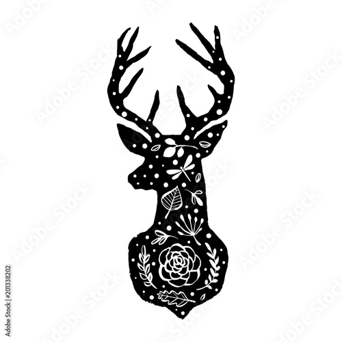 Silhouette of deer with flower pattern. Hand drawn design elements. Black and white vector illustration. Nursery scandinavian art.