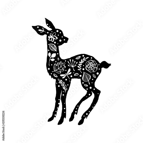 Silhouette of little baby deer, fawn with flower pattern. Hand drawn design elements. Vector illustration. Nursery scandinavian art.