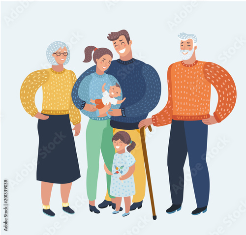 Happy family, mother, father, two children, grandparents. Festive clothing, a good mood. Characters for cards.