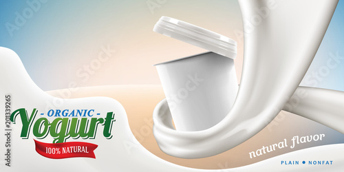 Cream or yogurt ads with blank jar in milk swirl commercial product mock-up vector realistic illustration