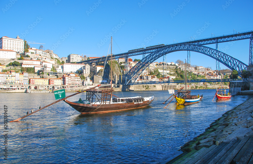PORTO, PORTUGAL - Dec 29, 2014:  A popular touristic destination Porto, Portugal old town skyline from across the Douro River