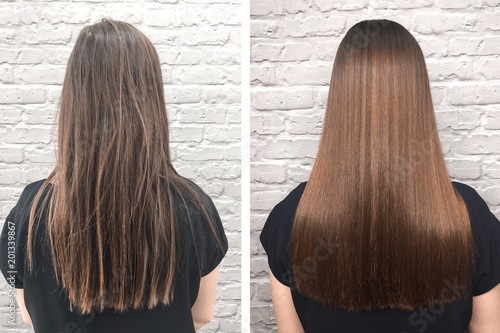 Sick, cut and healthy hair. Before and after treatment. photo