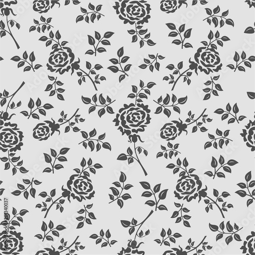Seamless grey background with black flowers and leaves. Ideal for printing on fabric or paper. Vector illustration.