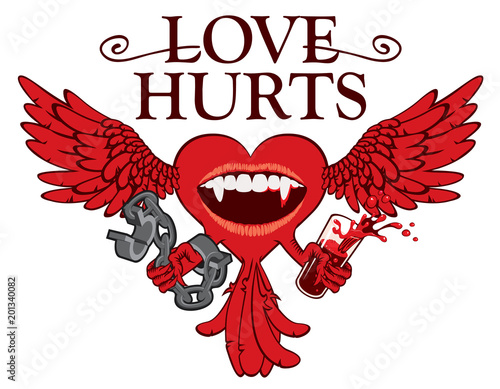 Vector banner with inscription on theme of love hurts. Template for clothes, textiles, t-shirt design. Illustration with winged heart, open handcuffs and vampire smile