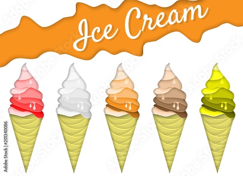 Ice cream cone icon set vector illustration in paper cut style