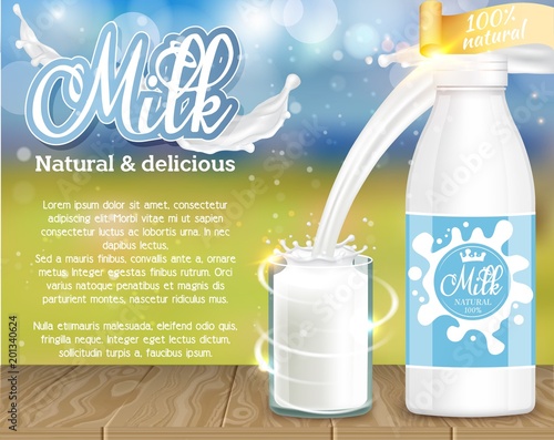 Milk natural and delicious dairy product ad vector realistic illustration