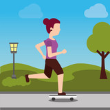 young woman riding a skateboard sport in the park vector illustration