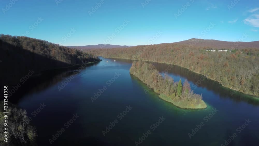 Aerial of lake and island at Plitvice Park Aerial of lake and island at Plitvice Park