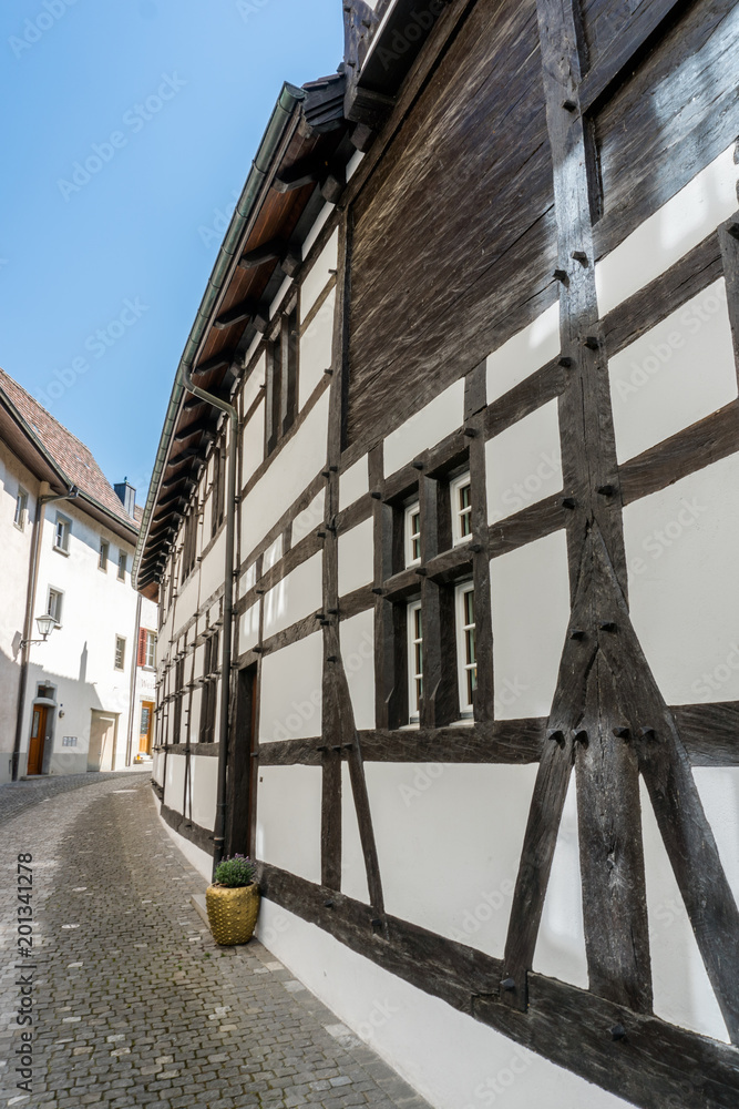 typical truss house architecture from the middle ages in the idyllic Swiss village of Stein Am Rhein