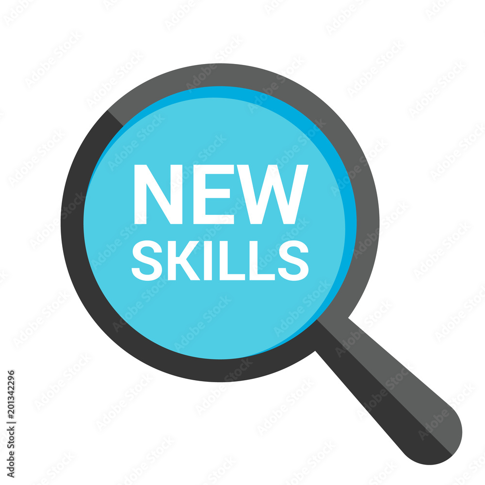 Education Concept: Magnifying Optical Glass With Words New Skills Education Concept: Magnifying Optical Glass With Words New Skills