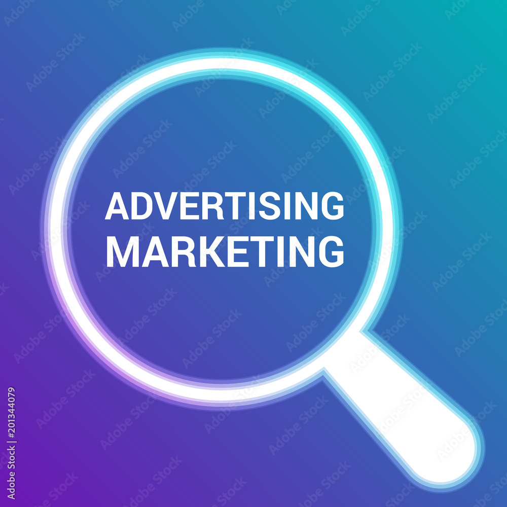Advertising Concept: Magnifying Optical Glass With Words Advertising Marketing Advertising Concept: Magnifying Optical Glass With Words Advertising Marketing