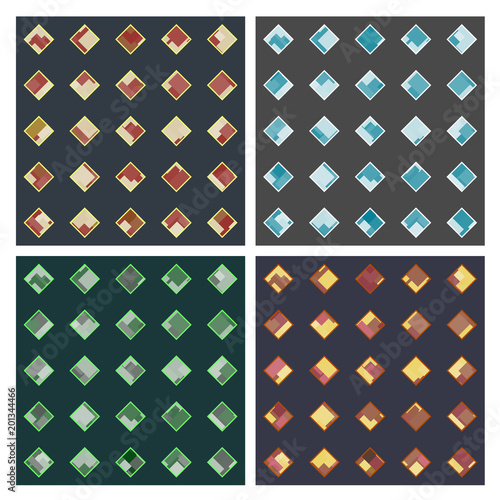Set of four seamless patterns with grid-sorted rhombuses and lot of rhombuses inside, several color ideas