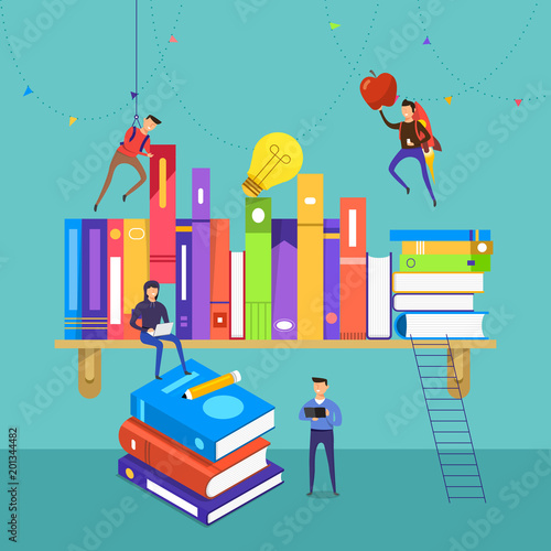 Flat design concept people teamwork develop knowledge on books and shelf. Vector illustrate.