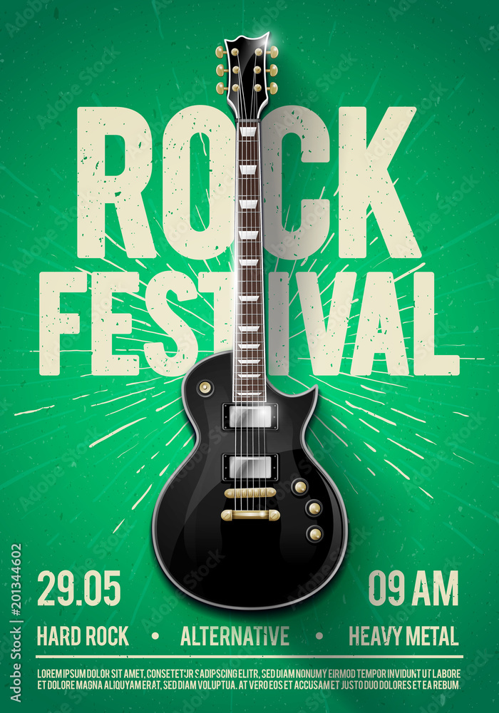 Fototapeta premium vector illustration rock festival concert party flyer or poster design template with guitar, place for text and cool effects in the background