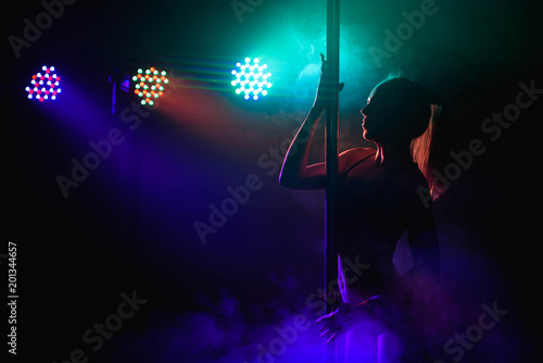 Young slim pole dance woman in bright interior
