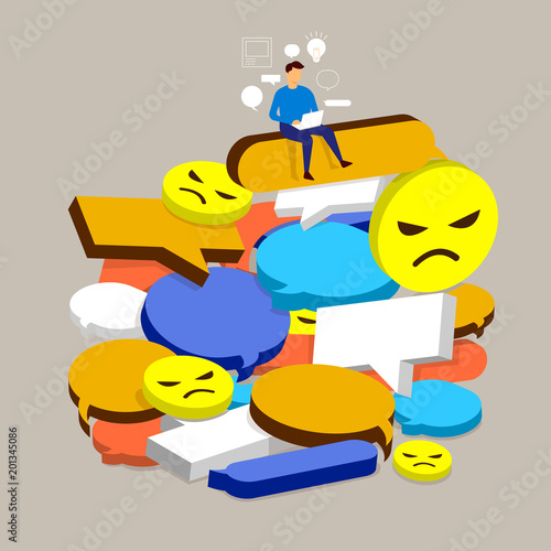 Flat design concept negative comment on social media. The man can manage online crisis. Vector illustrate.