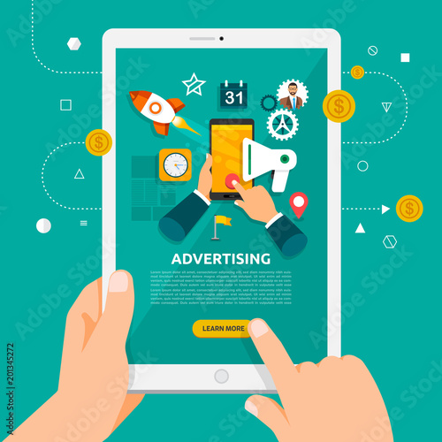 Flat design concept learnning about advertising online with hand hold tablet. Vector illustrate.