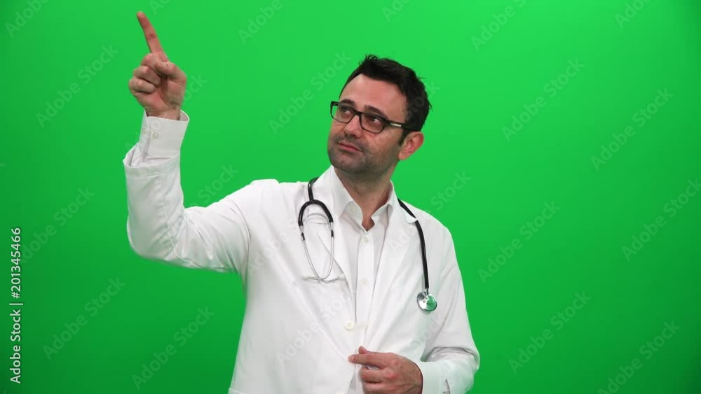 Doctor Pointing Finger Up to Right Corner Doctor Pointing Finger Up to Right Corner
