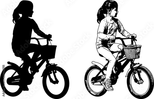preschooler girl riding bicycle sketch and silhouette - vector