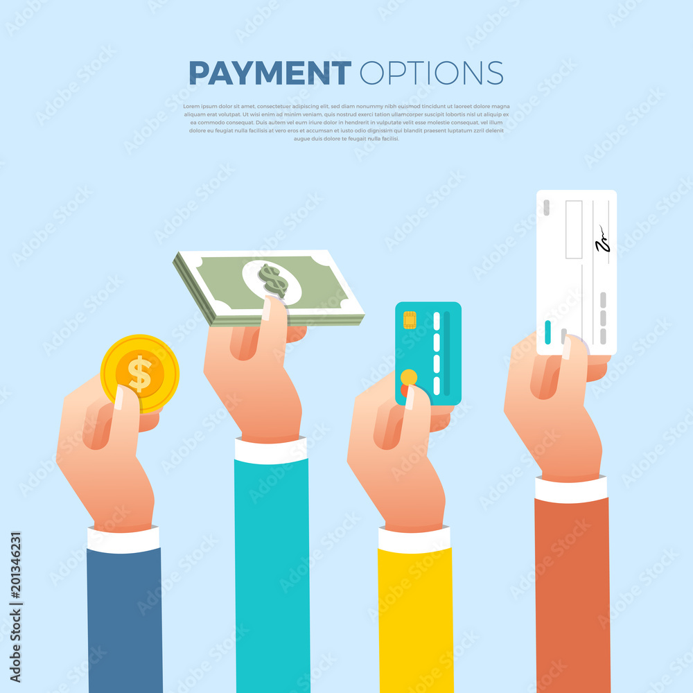 Flat design concept payment. Payment method and option or channel to transfer money. Vector illustrate. Flat design concept payment. Payment method and option or channel to transfer money. Vector illustrate.