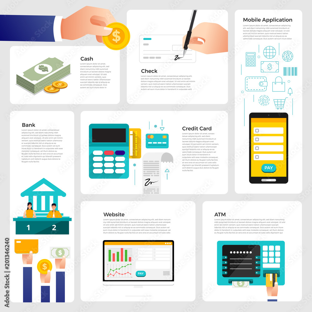 Flat design concept payment. Payment method and option or channel to transfer money. Vector illustrate. Flat design concept payment. Payment method and option or channel to transfer money. Vector illustrate.