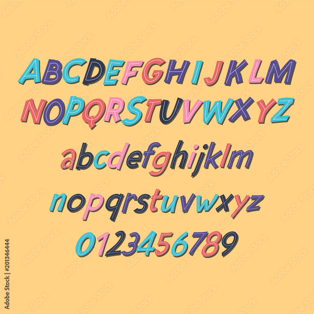 Colored Latin alphabet. Children's font in cute cartoon style. Uppercase and uppercase letters and numbers.