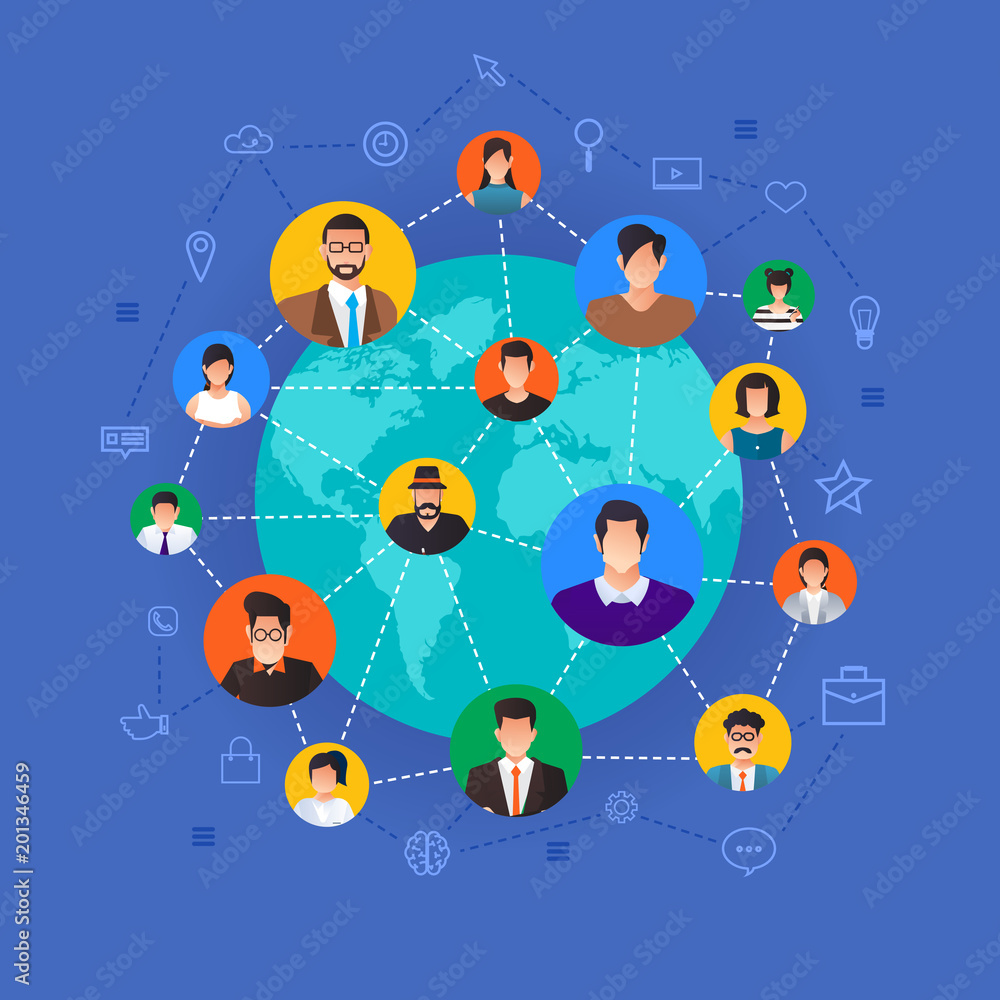 Flat design concept social network. Peoples connecting around the world with line and avatar icon. Vector illustrate. Flat design concept social network. Peoples connecting around the world with line and avatar icon. Vector illustrate.