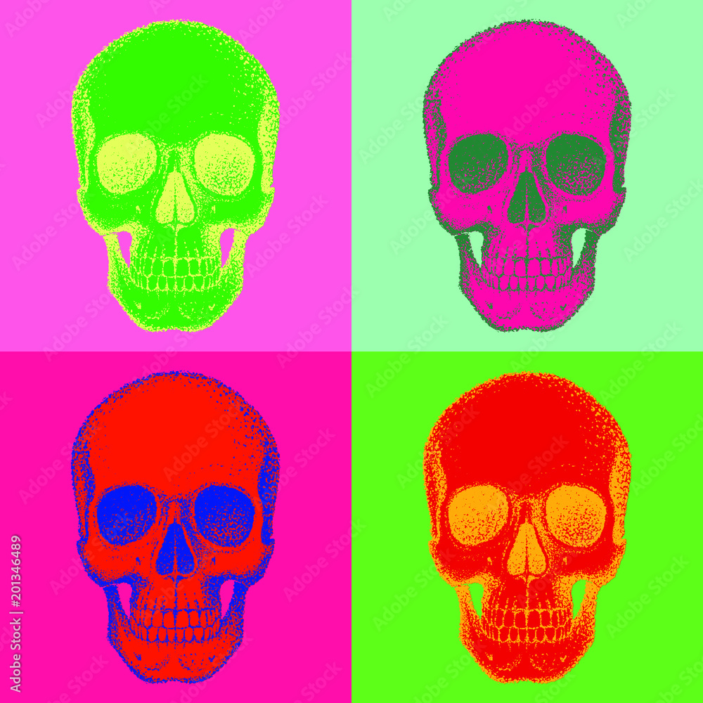 human skull, graphics in the style of pop art