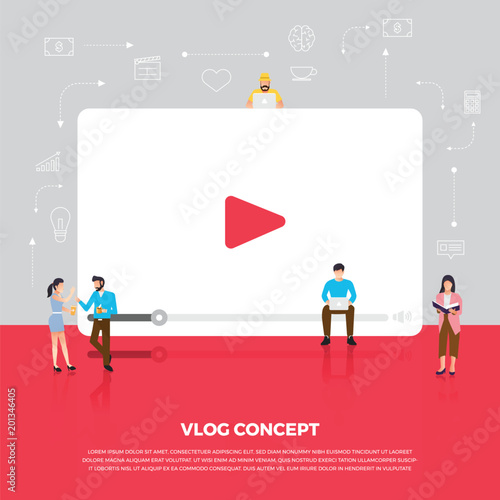 Flat design concept vlog. Team develop channel video online. Vector illustrate.