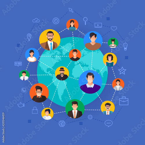 Flat design concept social network. Peoples connecting around the world with line and avatar icon. Vector illustrate.