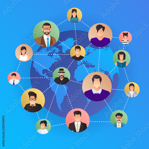 Flat design concept social network. Peoples connecting around the world with line and avatar icon. Vector illustrate.