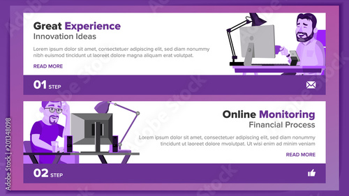 Website Banners Design Template Vector. Business Style. Front End Site Scheme. Onboarding Screen. Cartoon People. Benefits Scheme. Illustration