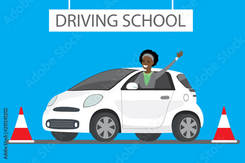 Happy cartoon african american female siting in white driving school car outdoor