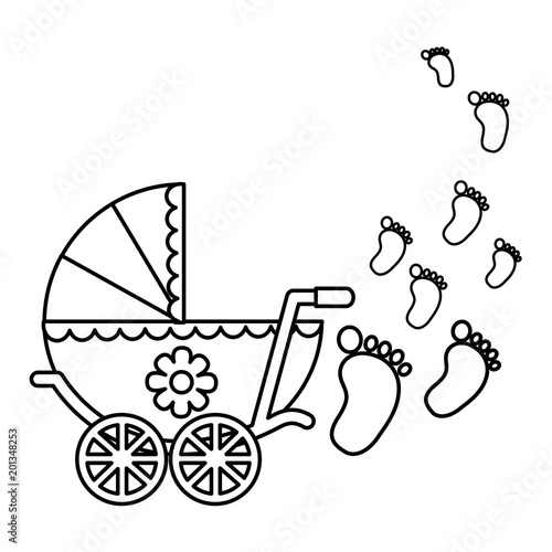 cute pram baby girl newborn footprints vector illustration outline