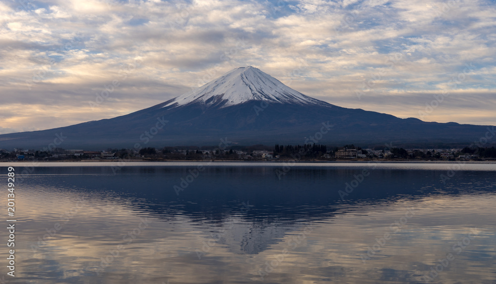 mountain fuji mirror on kawaguchiko lake in morning