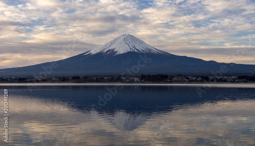 mountain fuji mirror on kawaguchiko lake in morning