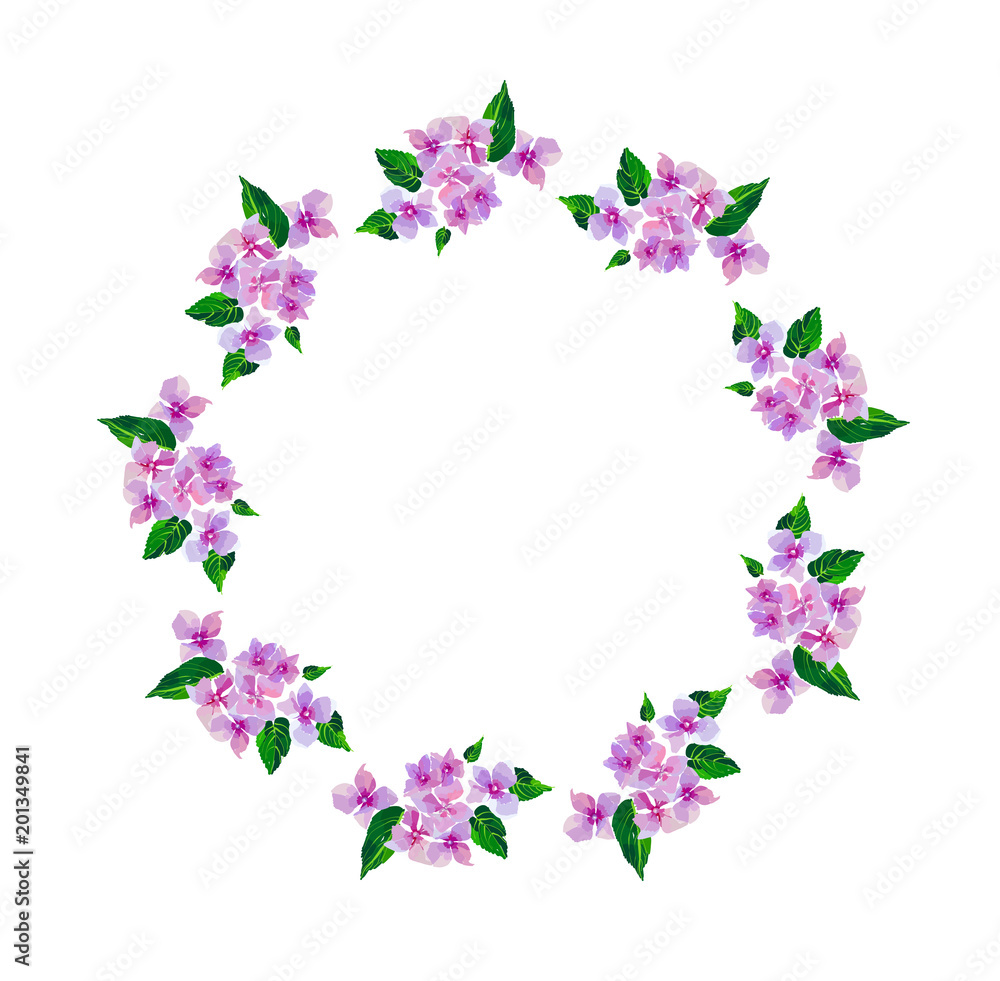 Lilac small flowers.Wreath of watercolor flowers hand painted. Round frame for invitation ,wedding, birthday card, vector illustration isolated on white..