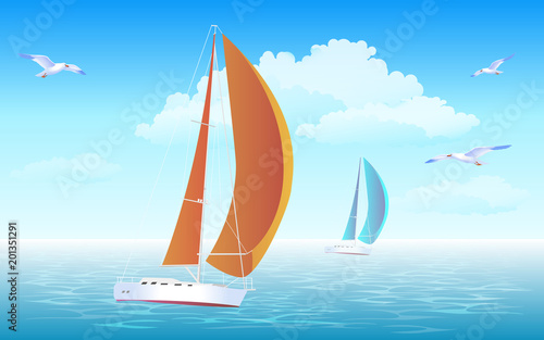 Sailing yacht in the ocean. Vector illustration of a sailing regatta.