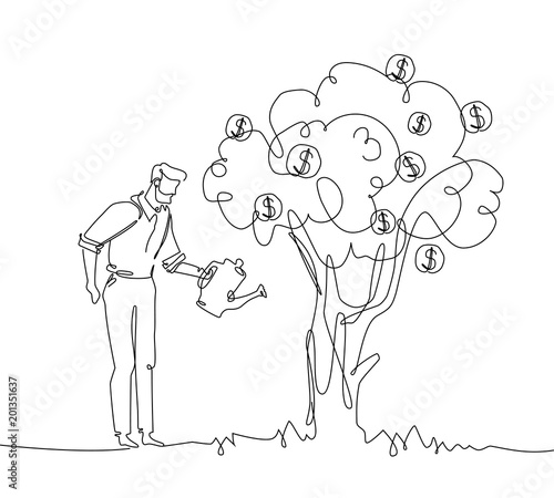 Businessman watering money tree - one line design style illustration